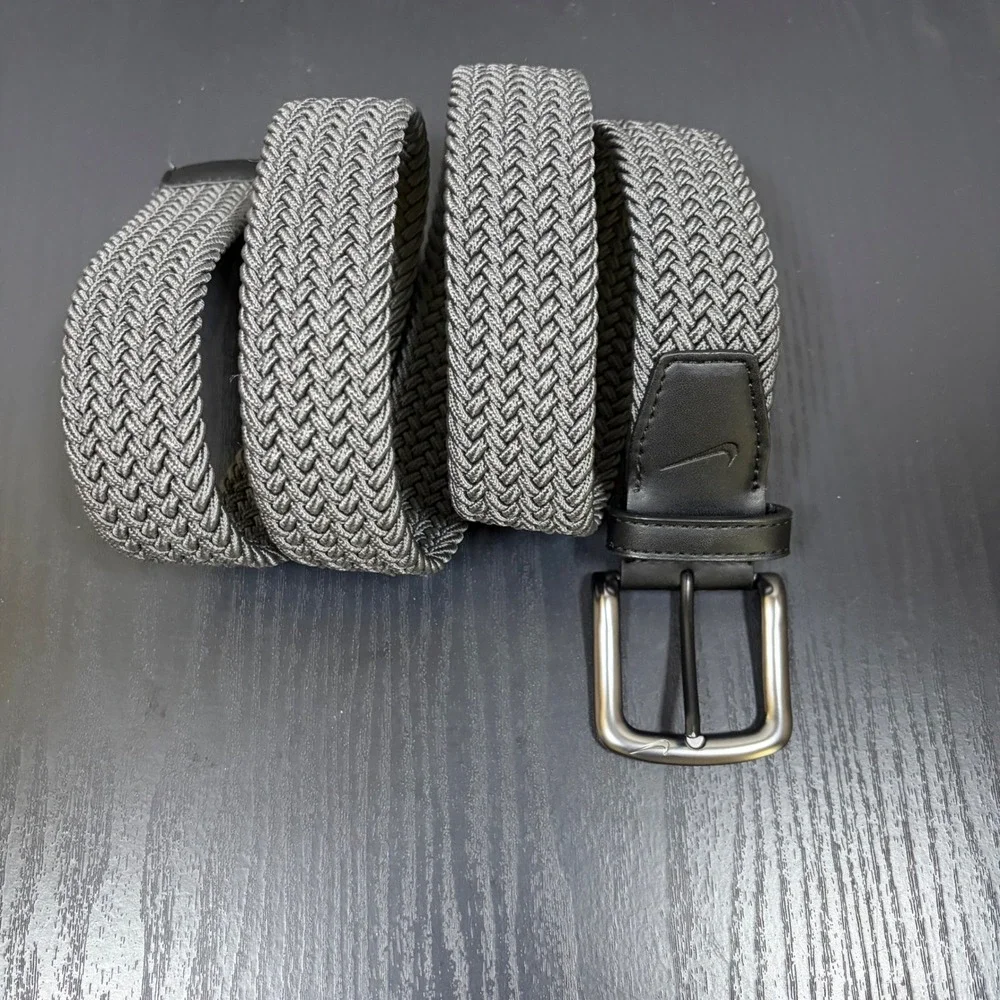 Nike Mens Woven Stretch Belt Gray Braided Golf Athletic Swoosh Logo Buckle w-38